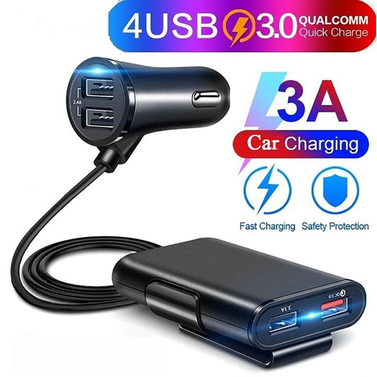 Chargeur de voiture USB 1,8 m 8A Max 4 ports avec concentrateur USB extensible pour le chargement des sièges avant et arrière (noir)